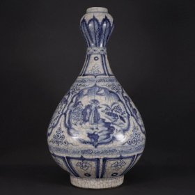 乡下收的元代青花开片人物蒜头瓶尺寸19X36厘米