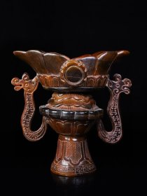 乡下收的清代牛角手工雕刻兽杯长16.5X16公分