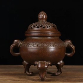 乡下收的明代紫铜缠枝连钮象足熏炉耳距20高19.8口径10.8厘米