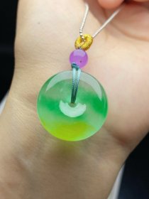 清代天然翡翠冰种黄翡飘翠平安扣尺寸24X10.5