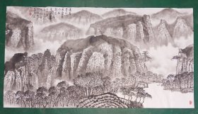 胡长均2016年六尺整纸纯手绘  山水画   软件   遥看云山     画心尺寸：180*96厘米