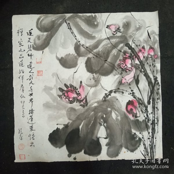 钟乾康.华西愽尔书画院副院长.八大山人研究院院长.上海荣艺斋画廊特邀画家.四尺斗方花鸟画真迹.荷花. 画心尺寸：68*68厘米