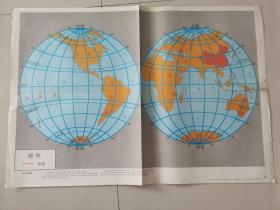 小学社会教学挂图：两半球图（品差些）