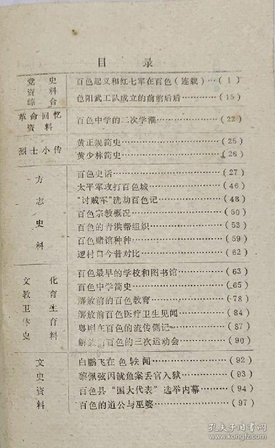 百色起义和红七军在百色(连载)...李长寿。 色阳武工队成立的前前后后…陆锦仑。 百色中学的二次学*潮…滕耀宗。 黄正规简史。 黄少林简史。 百色史话…黄志谋。 太平军攻打百色城…林鸿恩等。 “讨贼军”洗劫百色记…黄仲田等述。 百色宗教概况...周承礼。 百色的青洪帮组织…卢存华。 百色赌馆种种....林鸿恩。 逻村口今昔对比…覃恩宽。百色最早的学校和图书馆…卢存华。百色史志 贰