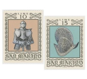 全新外国雕刻版邮票2枚 圣马力诺1974年古代武士装备盔甲斯拉尼亚