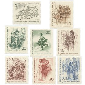 德国邮票 西柏林 1969年19世纪柏林风俗画 雕刻版全套8枚 贵妇 街景 铁匠 鞋匠 报贩子 人力马车 外国邮票