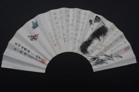 手工绘制中国工笔画扇面 成扇无骨-书画合璧-墨趣-动物猫题材-尺寸长68CM*高20CM