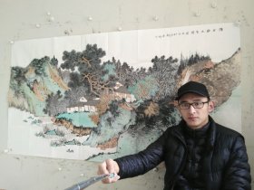 访友图.山东省美术家协会张奇卡纸作品，尺寸约66x33cm,合影供参考