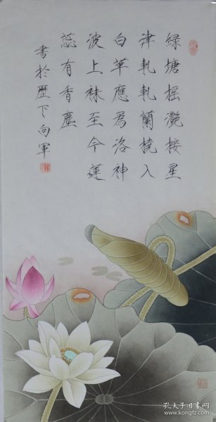 《莲花-唐·温庭筠-绿塘摇滟接星津》翁向军老师瘦金书+工笔作品.约69*33cm。赠送作者彩页。