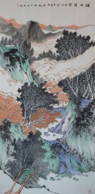 《溪山晴翠》山东省美术家协会张奇四尺作品，尺寸约138x69cm,合影供参考