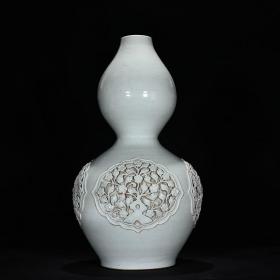 元卵白釉堆雕捏花葫芦瓶古董古玩老货保真老瓷器收藏