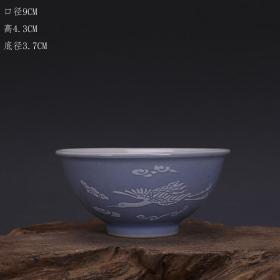 厂货蓝釉堆白仙鹤纹小碗茶杯