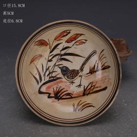 宋代磁州窑手工彩绘花鸟纹瓷碗茶盏