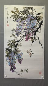 22836，刘明莹鸟画，紫藤-春晓，托片，尺寸101×54厘米