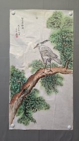 22752，涂光有花鸟画，鹭鸶柏树，尺寸98×52厘米
