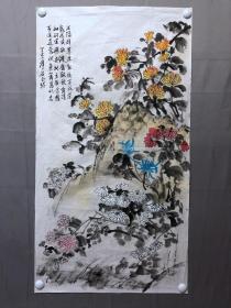 18246~【石玉岱】花鸟画，菊石图，尺寸约为98*53厘米