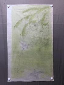 18037~【周爱莲】无款工笔白描花鸟画，喜鹊图，尺寸约为101*60厘米