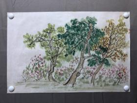 17939~【周爱莲】无款花鸟画，树林，尺寸约为67*44厘米