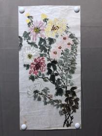 18088~【周爱莲】无款花鸟画，菊花，尺寸约为67*34厘米
