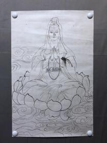 17509~【周爱莲】无款工笔白描人物画，观音，尺寸约为68*44厘米