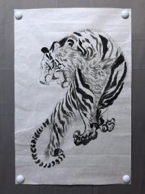 17860~【周爱莲】无款花鸟画，老虎，尺寸约为68*46厘米