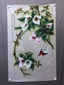 18550~【梁顺如】工笔重彩花鸟画，珙桐小鸟，尺寸约为98*61