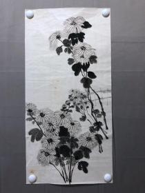 18089~【周爱莲】无款花鸟画，菊花，尺寸约为68*33厘米