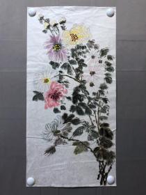 18087~【周爱莲】无款花鸟画，菊花，尺寸约为67*34厘米