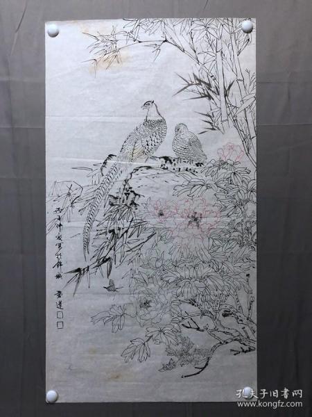 18154~【周爱莲】工笔白描花鸟画，锦鸡，尺寸约为100*55厘米