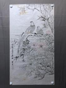 18154~【周爱莲】工笔白描花鸟画，锦鸡，尺寸约为100*55厘米