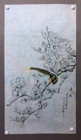 19033~【石玉岱】花鸟画，玉兰和鸟，尺寸约为97*53