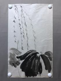 17847~【周爱莲】无款花鸟画，荷花柳树，尺寸约为55*33厘米