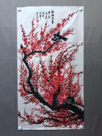 18243~【石玉岱】花鸟画， 红梅双喜，尺寸约为98*53厘米
