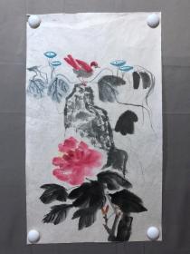 17832~【周爱莲】无款花鸟画，牵牛花，尺寸约为55*33厘米