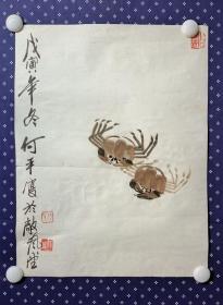 21702，著名四川书画家★何平★花鸟画，螃蟹，托片，尺寸43×33厘米