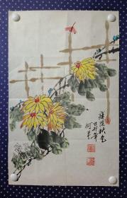 21640，著名四川书画家★何平★花鸟画，菊花，尺寸67×43厘米