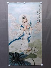 17496~【周爱莲】工笔重彩人物画，观音，尺寸约为98*52厘米