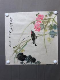 18586~【梁顺如】无款花鸟画，芙蓉和鸟，尺寸约为44*44