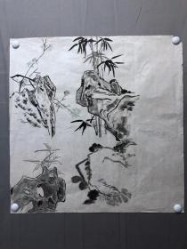 17790~【周爱莲】无款花鸟画，竹石图，尺寸约为68*67厘米
