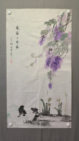 22586，赖德隆★花鸟画，紫藤小鸡，尺寸100×55厘米