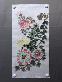 17736~【周爱莲】无款花鸟画，尺寸约为67*34厘米