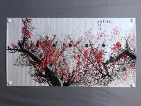 18554~【梁顺如】花鸟画，梅花，尺寸约为100*53
