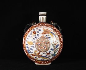 明永乐砝华彩花鸟纹双耳扁瓶，高33.5×26厘米