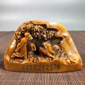旧藏寿山石田黄雕刻人物故事印章，长12厘米，宽4.2厘米，高7厘米，重517

克