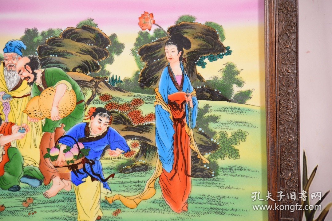 臣郎世宁恭绘！ 红木镶重工粉彩人物瓷板画《逍遥八仙》