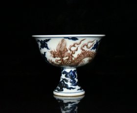 明代宣德青花釉里红龙凤纹高脚杯【 8.4x10.4cm 】¥540