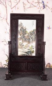 珠山八友之汪野亭作品赏析精品红木雕刻对联框镶粉彩山水《山川晴揽》竖插座屏
