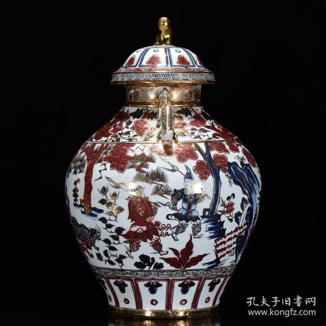元青花釉里红成吉思汗款鬼谷子纹描金盖罐