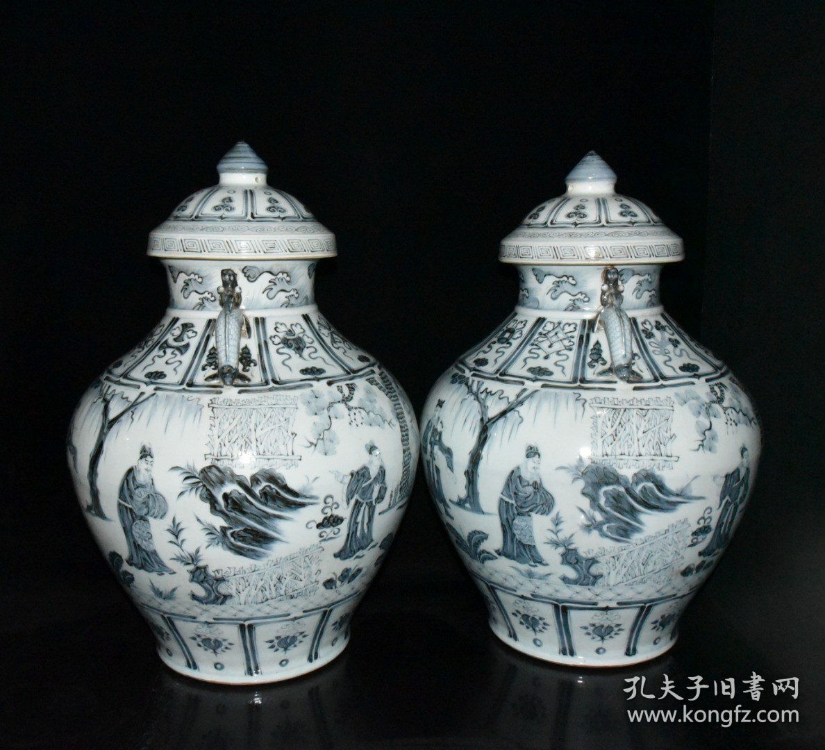 明代洪武青花三顾茅庐大盖罐一对