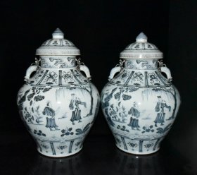 明代洪武青花三顾茅庐大盖罐一对